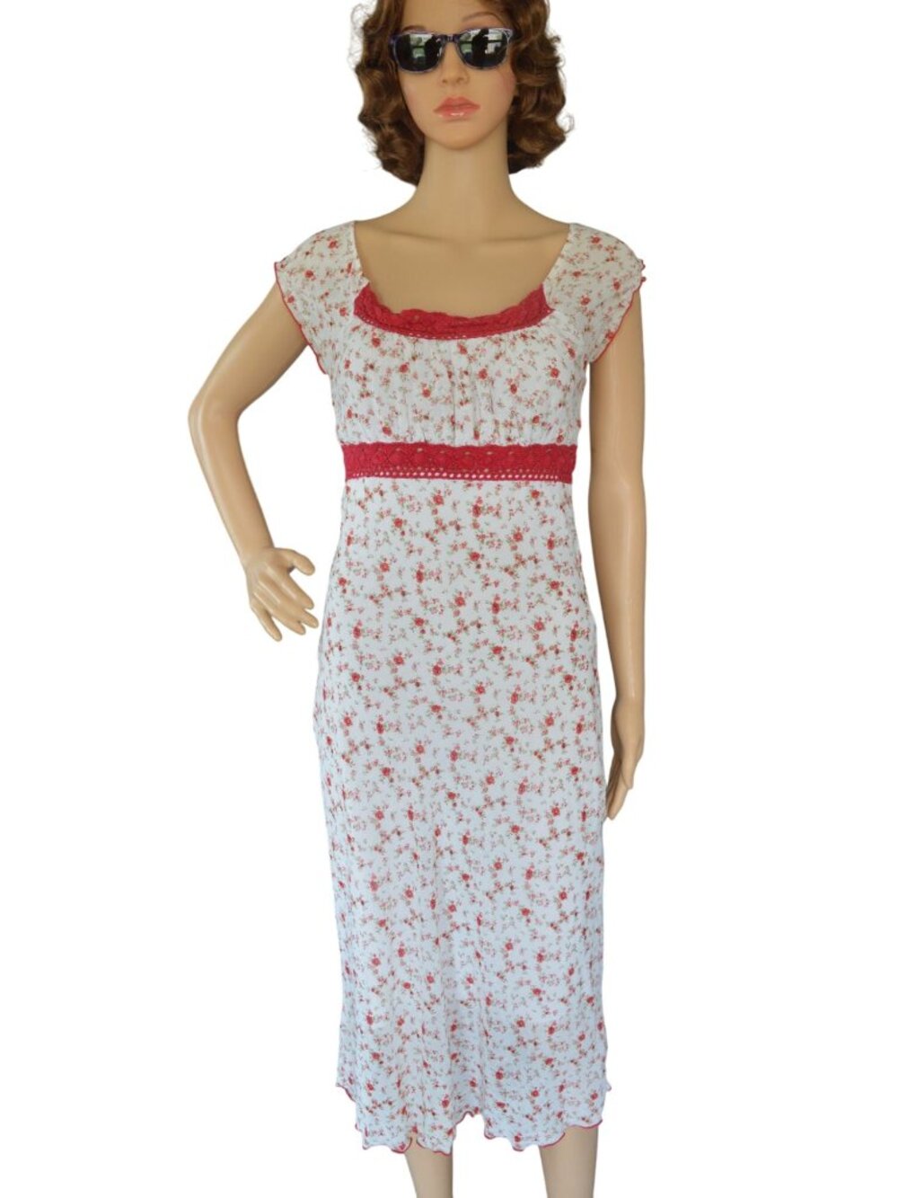 Vintage Y2K Monteau Red White Micro Floral Maxi Dress Womens Size XS Cottagecore